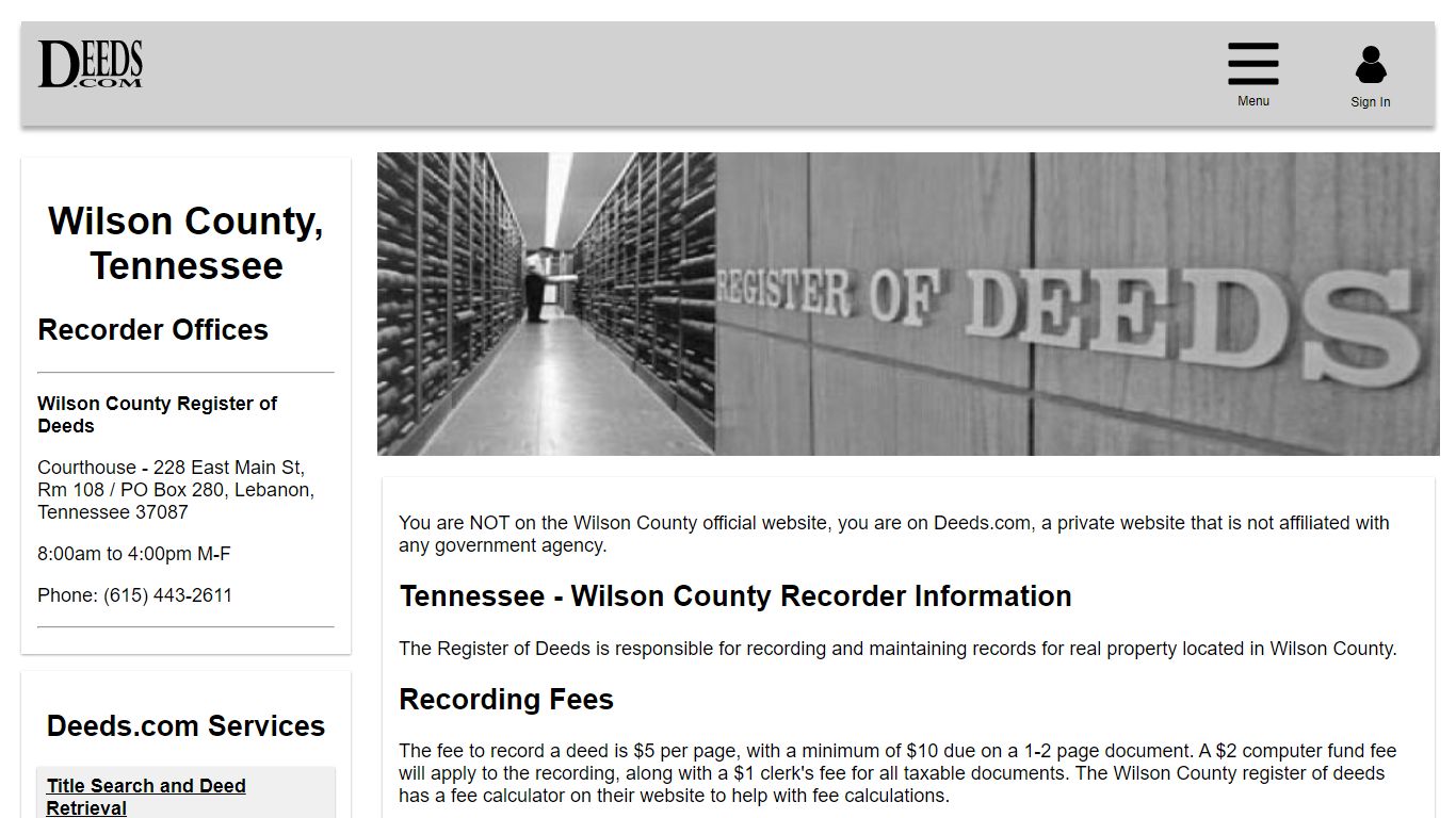 Wilson County Recorder Information Tennessee - Deeds.com